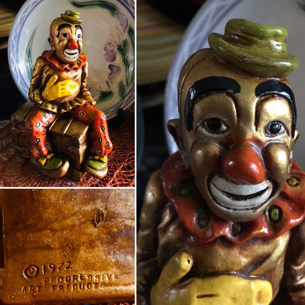 Progressive Art Products 1972 Clown Sitting on a Chest/Trunk Made of Chalkware