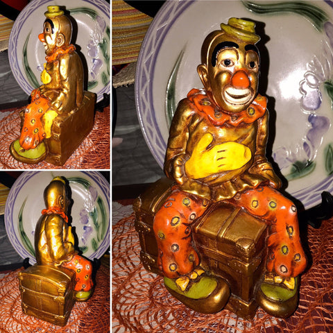 Progressive Art Products 1972 Clown Sitting on a Chest/Trunk Made of Chalkware