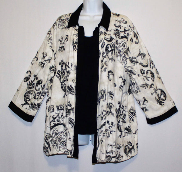 Dressbarn Jacket/Blouse Size 22/24 Beige/Black Floral 3/4 Sleeves