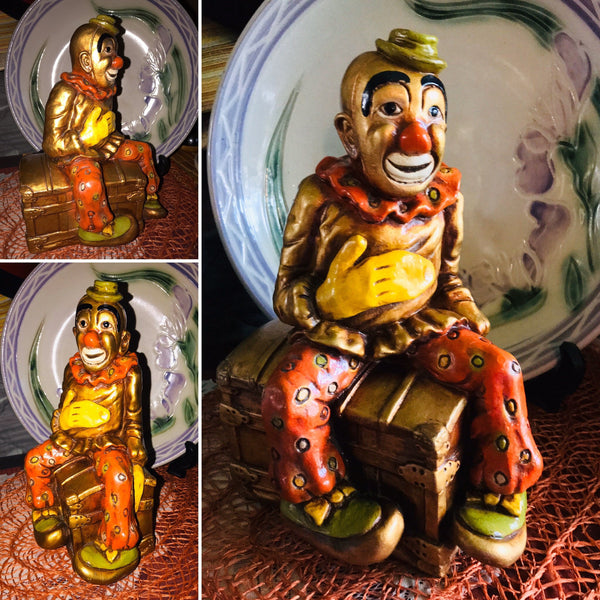 Progressive Art Products 1972 Clown Sitting on a Chest/Trunk Made of Chalkware