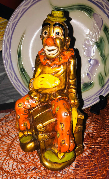 Progressive Art Products 1972 Clown Sitting on a Chest/Trunk Made of Chalkware