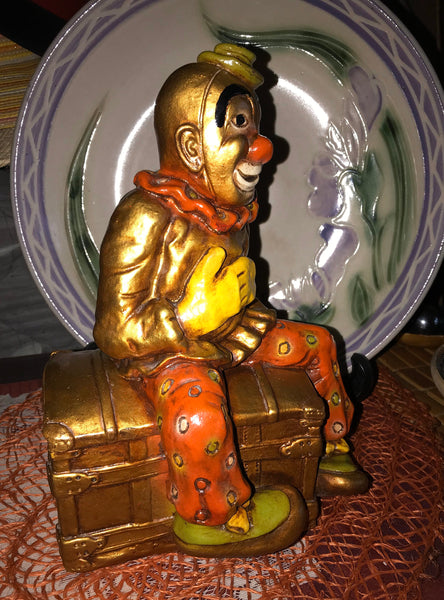 Progressive Art Products 1972 Clown Sitting on a Chest/Trunk Made of Chalkware