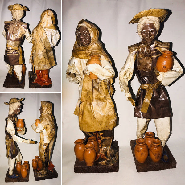 Folk Art Mexican Couple Figurine Paper Mache Carrying Jars