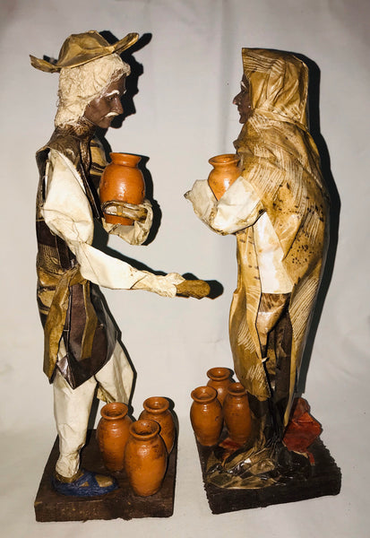 Folk Art Mexican Couple Figurine Paper Mache Carrying Jars