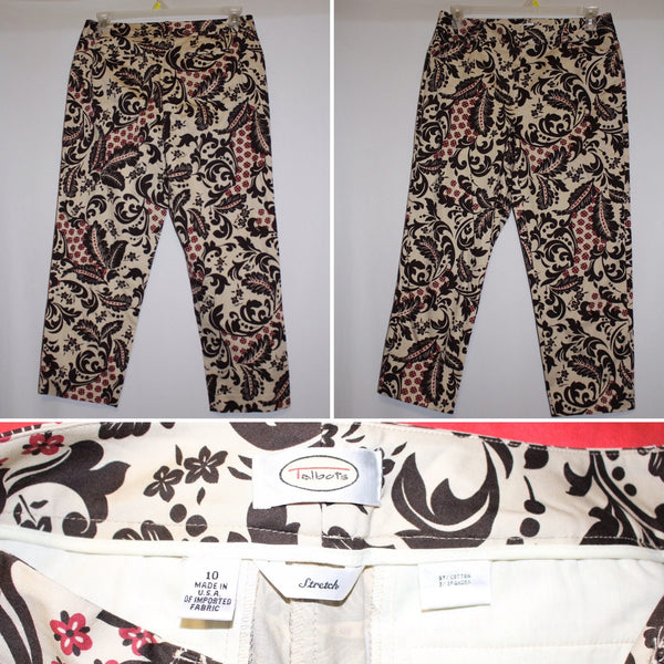 Talbots Cropped Pants Floral Beige/Brown/Red Size 10