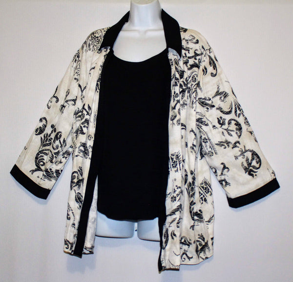 Dressbarn Jacket/Blouse Size 22/24 Beige/Black Floral 3/4 Sleeves