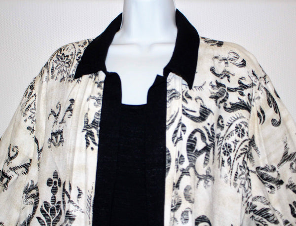 Dressbarn Jacket/Blouse Size 22/24 Beige/Black Floral 3/4 Sleeves