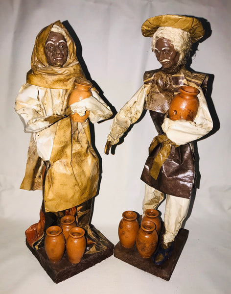 Folk Art Mexican Couple Figurine Paper Mache Carrying Jars