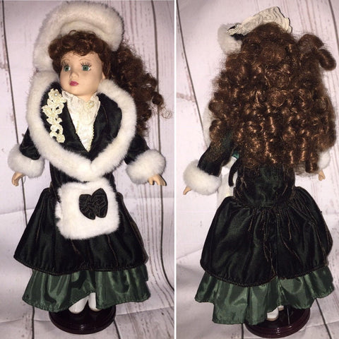 Vintage Victorian Porcelain Doll in a Green Dress Christmas Holiday Doll