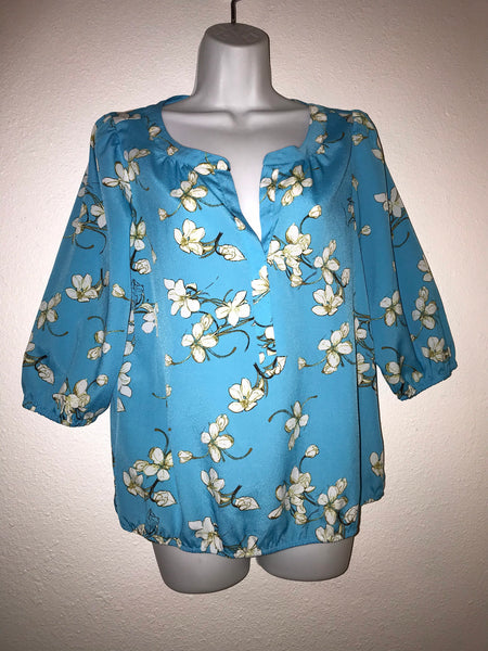 LOFT Floral Blue Blouse Size S 3/4 Sleeves