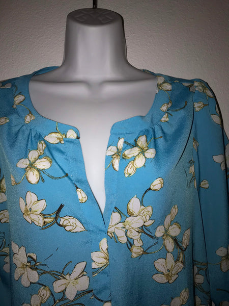 LOFT Floral Blue Blouse Size S 3/4 Sleeves