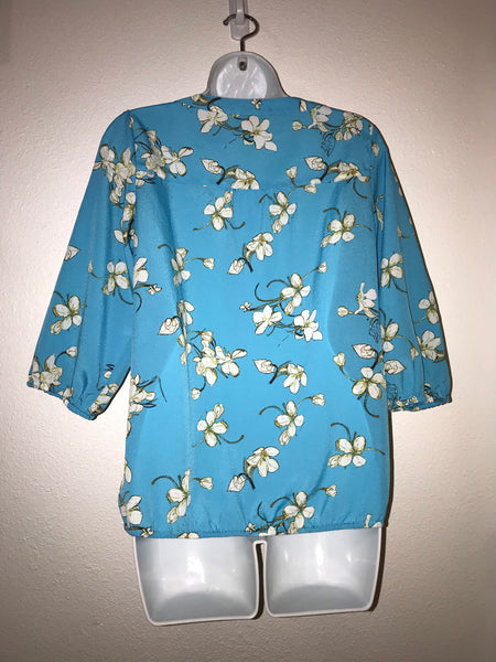 LOFT Floral Blue Blouse Size S 3/4 Sleeves