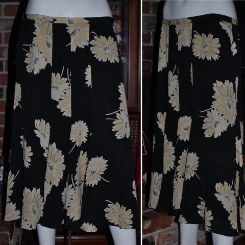 Vintage Jones New York Skirt Silk Black Yellow Floral Size 12