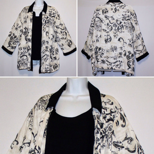 Dressbarn Jacket/Blouse Size 22/24 Beige/Black Floral 3/4 Sleeves