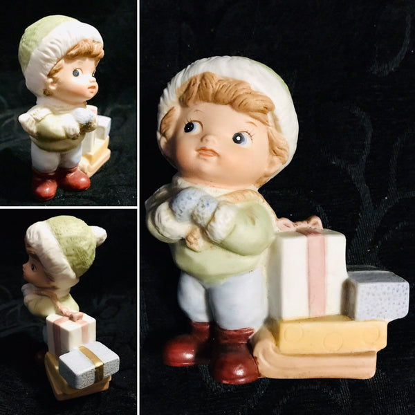 Vintage Homco Little Boy Pulling a Sleigh with Presents Christmas