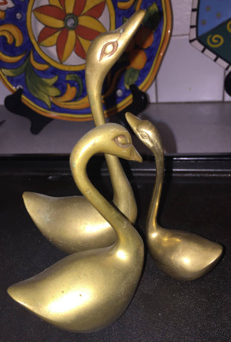 Vintage Sweet Little Family of 3 Brass Swan Figurines