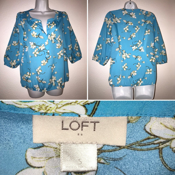 LOFT Floral Blue Blouse Size S 3/4 Sleeves