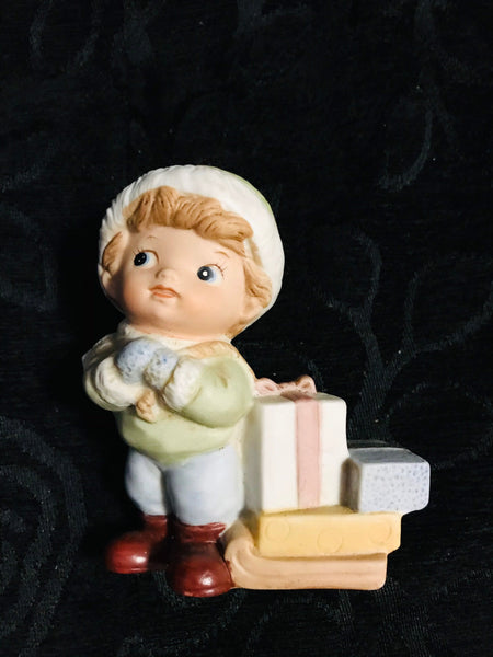 Vintage Homco Little Boy Pulling a Sleigh with Presents Christmas