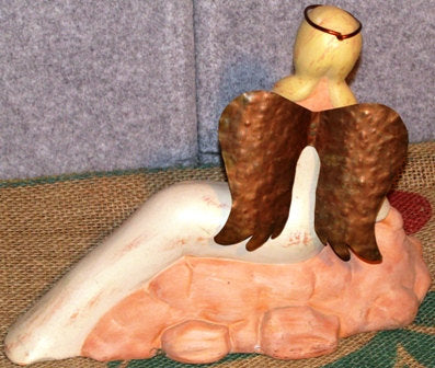 Ceramic Angel Figurine and Metal Wings with a Rabbit on Lap - Handmade