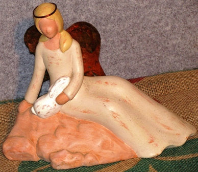 Ceramic Angel Figurine and Metal Wings with a Rabbit on Lap - Handmade