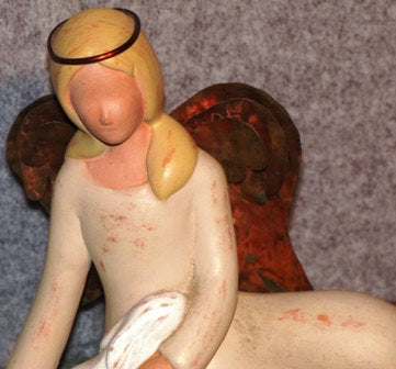 Ceramic Angel Figurine and Metal Wings with a Rabbit on Lap - Handmade