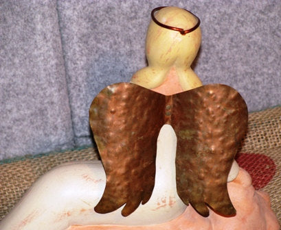 Ceramic Angel Figurine and Metal Wings with a Rabbit on Lap - Handmade