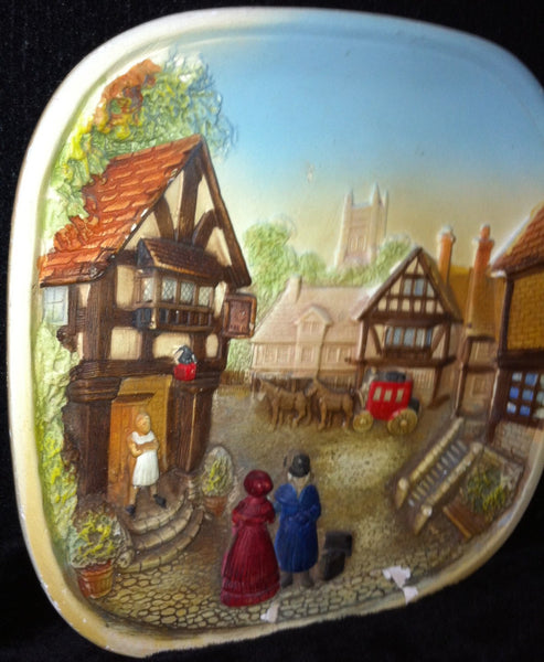 Handmade Handpainted Ceramic Bas Releif Painting of a Village