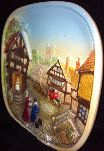 Handmade Handpainted Ceramic Bas Releif Painting of a Village