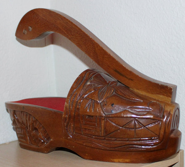 Vintage Hand Carved Solid Wood Shoe Bottle Holder