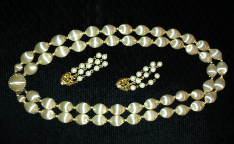 Necklace Earrings Vintage Set Golden Beige Satin Beads