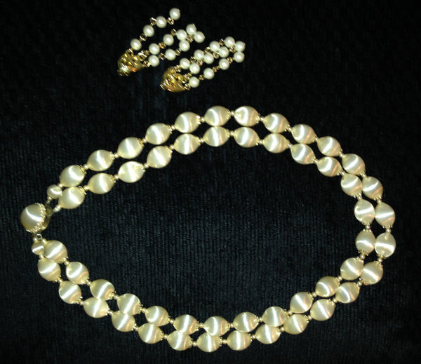 Necklace Earrings Vintage Set Golden Beige Satin Beads