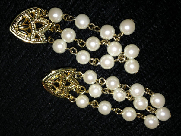 Necklace Earrings Vintage Set Golden Beige Satin Beads