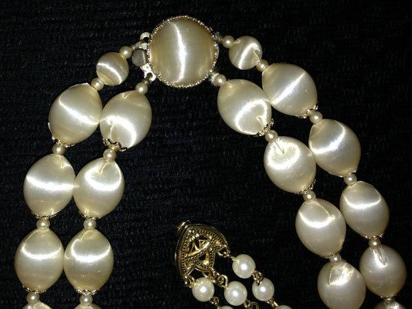 Necklace Earrings Vintage Set Golden Beige Satin Beads