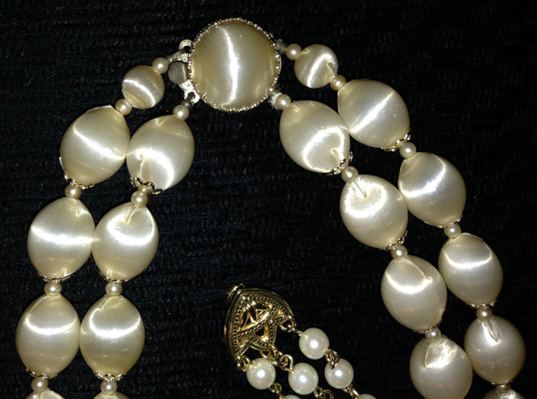 Necklace Earrings Vintage Set Golden Beige Satin Beads