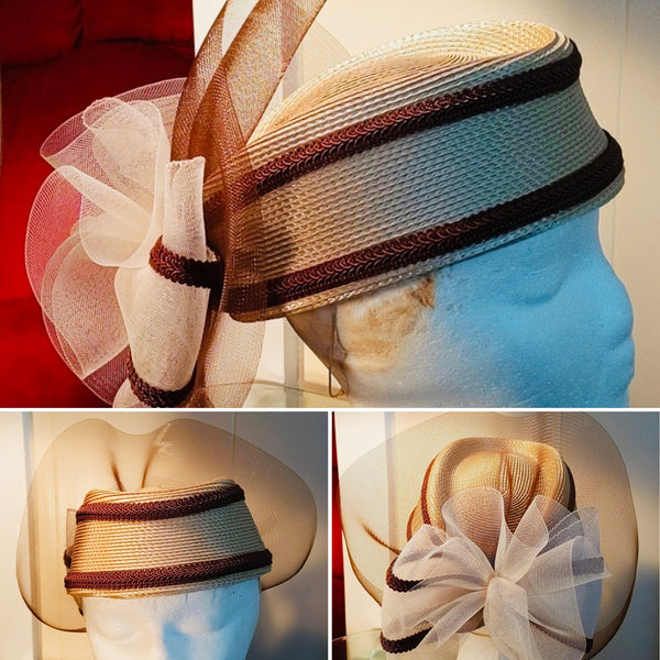 1980’s Beige and Burgundy Straw Pillbox Style Church Hat