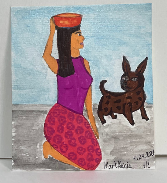 Original Watercolor Painting on Paper Artwork "La Mujer y Su Perro” or “Woman and Her Dog”