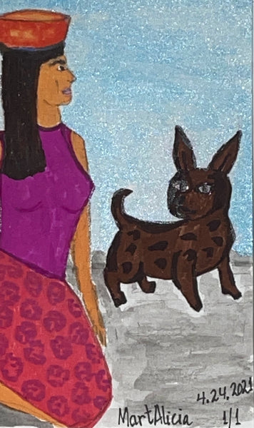 Original Watercolor Painting on Paper Artwork "La Mujer y Su Perro” or “Woman and Her Dog”