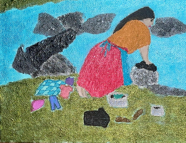 Original Acrylic and Watercolor Painting on Canvas Artwork "Lavando Ropa" or “Washing Clothing”