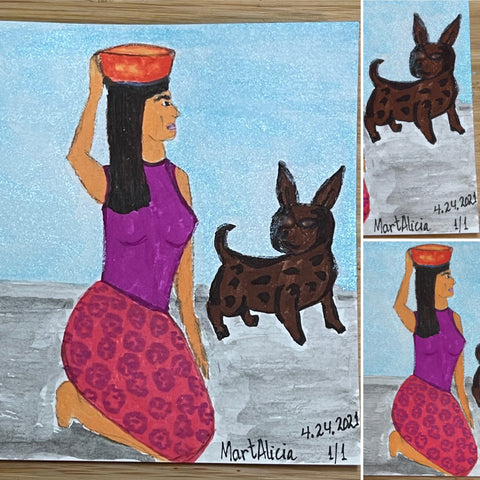 Original Watercolor Painting on Paper Artwork "La Mujer y Su Perro” or “Woman and Her Dog”