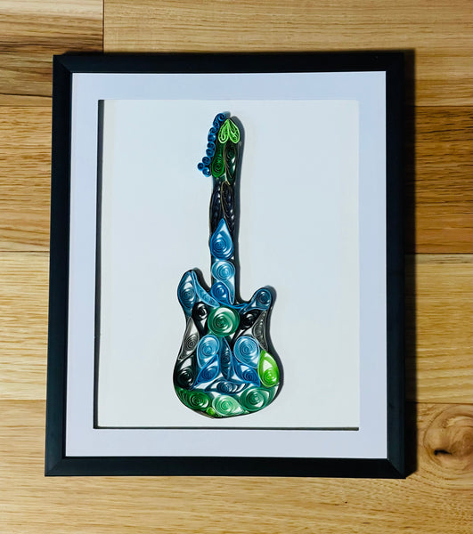 Handcrafted Quilled Paper Art Green Electric Guitar Wall Decor