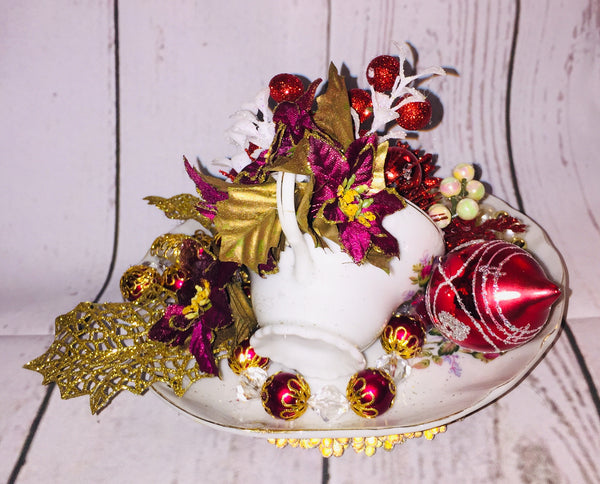 Handcrafted Cup/Saucer Floral Christmas Decor