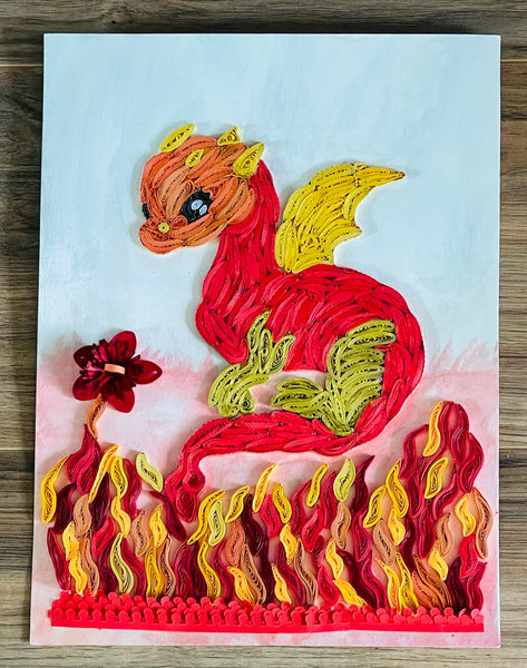 Handcrafted Quilled Paper Art Red Dragon with Golden Wings