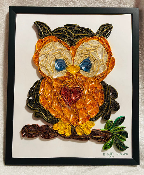 Handcrafted Quilled Paper Art Red Heart Owl