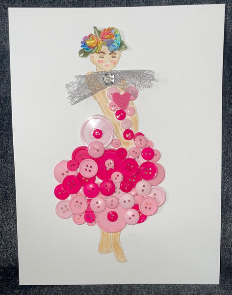 Handcrafted Paper Art Lady in Pink Buttons