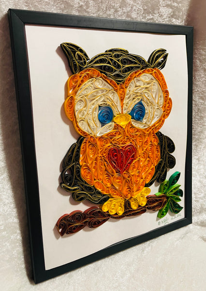 Handcrafted Quilled Paper Art Red Heart Owl