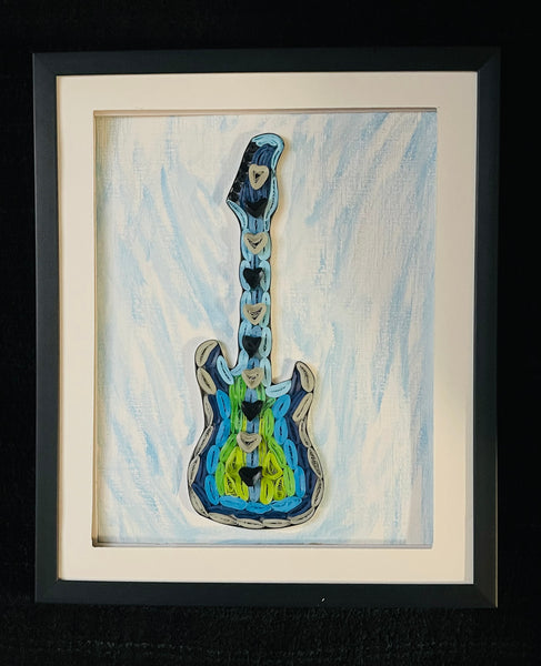 Handcrafted Quilled Paper Art Blue Electric Guitar Wall Decor