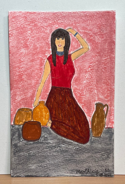 Original Watercolor Painting on Paper Artwork "Joven Posando con Vasijas” or “Young Woman Posing with Vessels”