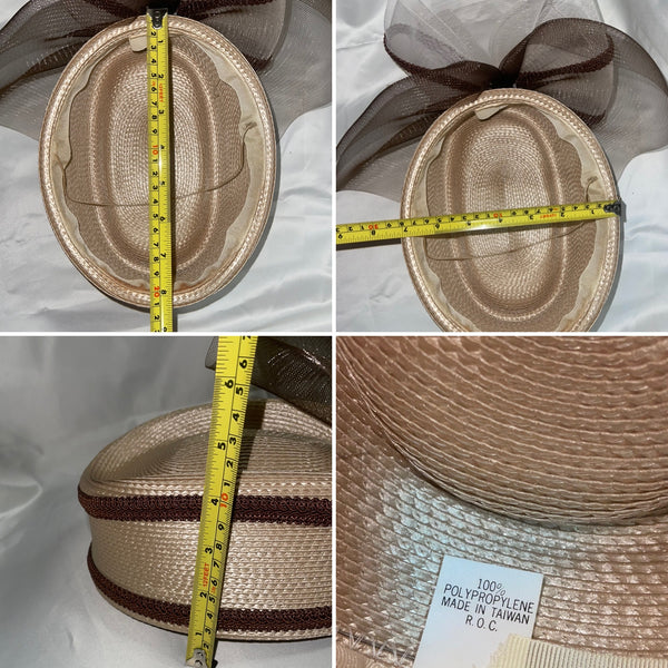 1980’s Beige and Burgundy Straw Pillbox Style Church Hat