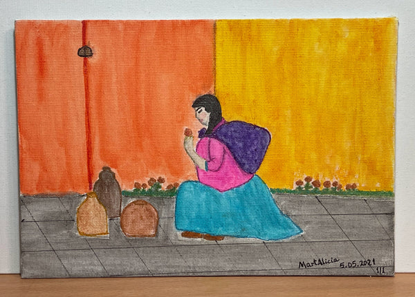 Original Watercolor Painting on Canvas Artwork "Cortando Una Flor" or “Picking Up a Flower”