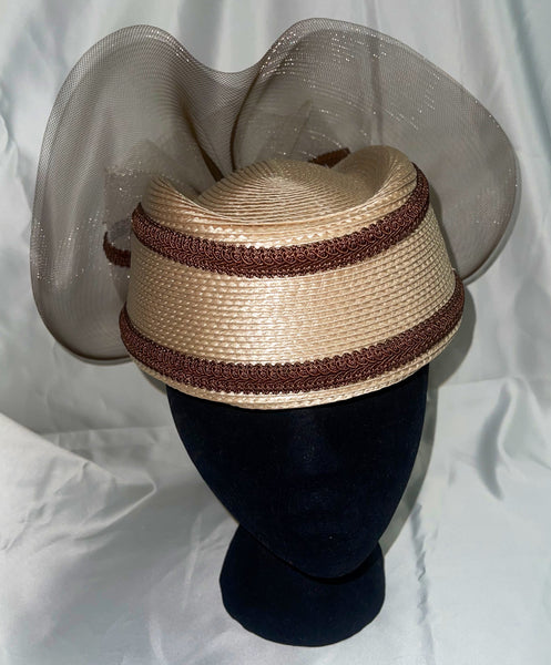 1980’s Beige and Burgundy Straw Pillbox Style Church Hat